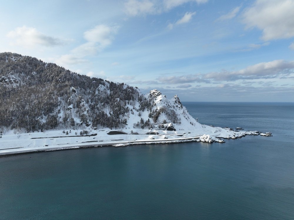 白雪覆盖的雪山与深蓝海水的冬季海岸