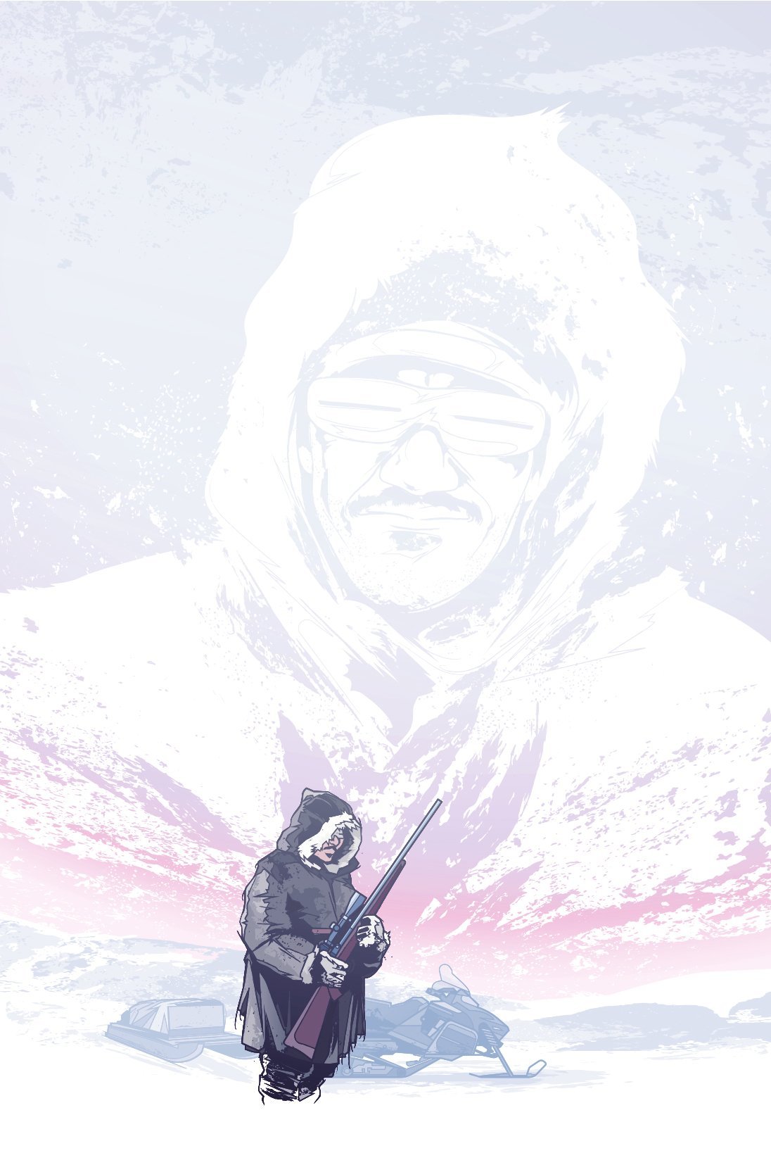 冰天雪地中持枪人物与背后巨大白色人像剪影
