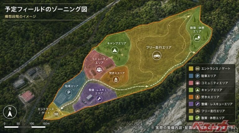 一张展示越野场地彩色分区规划的森林俯瞰图