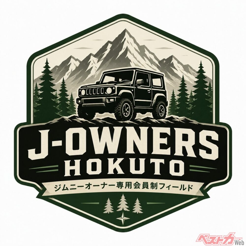 深绿色徽章内黑色越野车行驶在雪山松林场景中