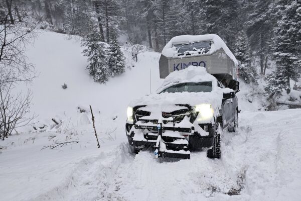 白色越野车在积雪林间道路上行驶