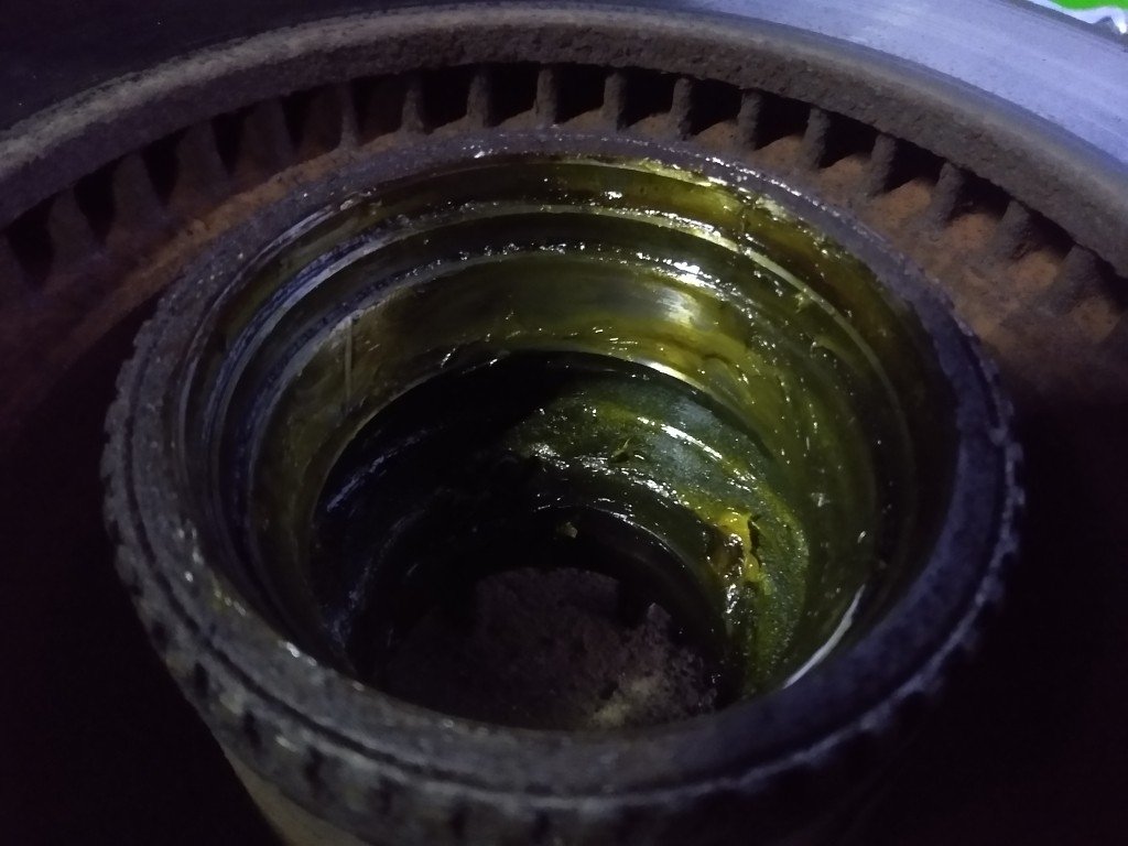 沾满黄绿色油污的汽车机械零件内部特写